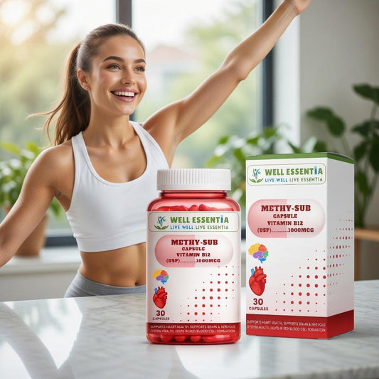 METHY - SUB CAPSULE - Well Essentia - Woman in a white sports bra and gray leggings with a bottle and box of Well Essentia Methyl - Sub Capsule on a table. - Capsule -